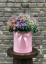 Цветочная композиция из Гипсофила и Розы в шляпной коробке в Разметелево